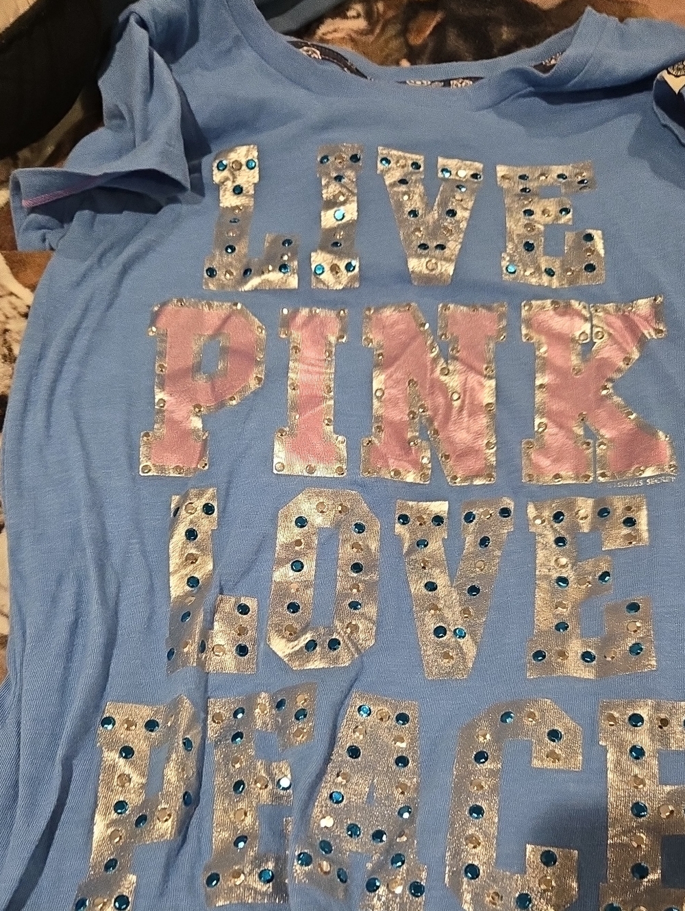 PINK Victoria's Secret Light Blue Short Sleeve Sequin Logo Tee